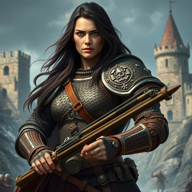 A big human middle-aged woman warrior with long dark brown hair flowing down her back, clad in intricately designed ring mail armor showcasing her broad shoulders
