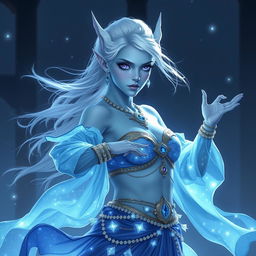 In the style of D&D character art, Maeve is portrayed as a striking figure with luminous light blue skin and elegantly pointed elven ears