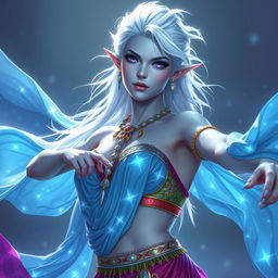 In the style of D&D character art, Maeve is portrayed as a striking figure with luminous light blue skin and elegantly pointed elven ears