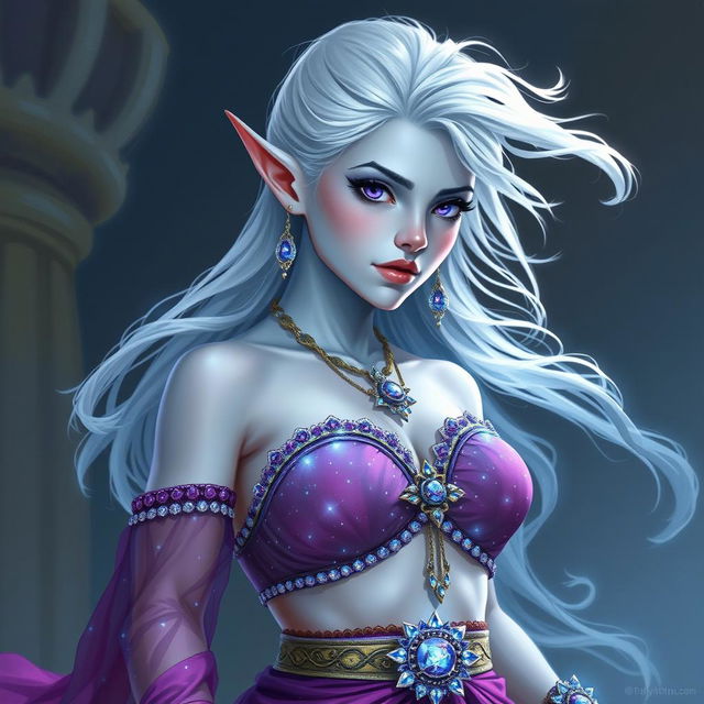 In the style of D&D character art, Maeve is portrayed as a striking figure with luminous light blue skin and elegantly pointed elven ears