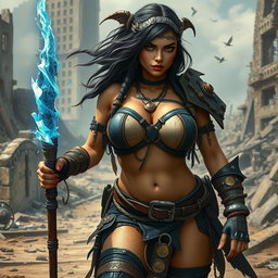 A fierce female raider, clad in mismatched leather and metal scraps, showcasing her powerful physique with huge breasts and a voluptuous figure