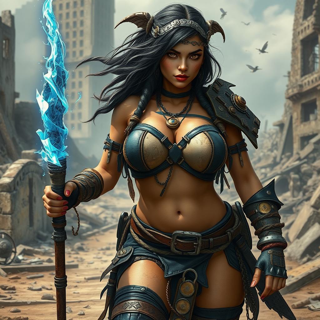 A fierce female raider, clad in mismatched leather and metal scraps, showcasing her powerful physique with huge breasts and a voluptuous figure