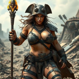A fierce female raider, clad in mismatched leather and metal scraps, showcasing her powerful physique with huge breasts and a voluptuous figure