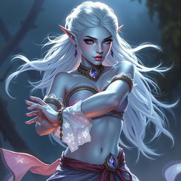 In the style of D&D character art, Maeve is depicted as a stunning figure with luminous light blue skin and elegantly pointed elven ears