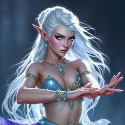 In the style of D&D character art, Maeve is depicted as a stunning figure with luminous light blue skin and elegantly pointed elven ears