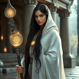 A human middle-aged woman priestess with long flowing black hair, draped in a beautifully crafted white cloak that adds an air of elegance and mystique to her appearance