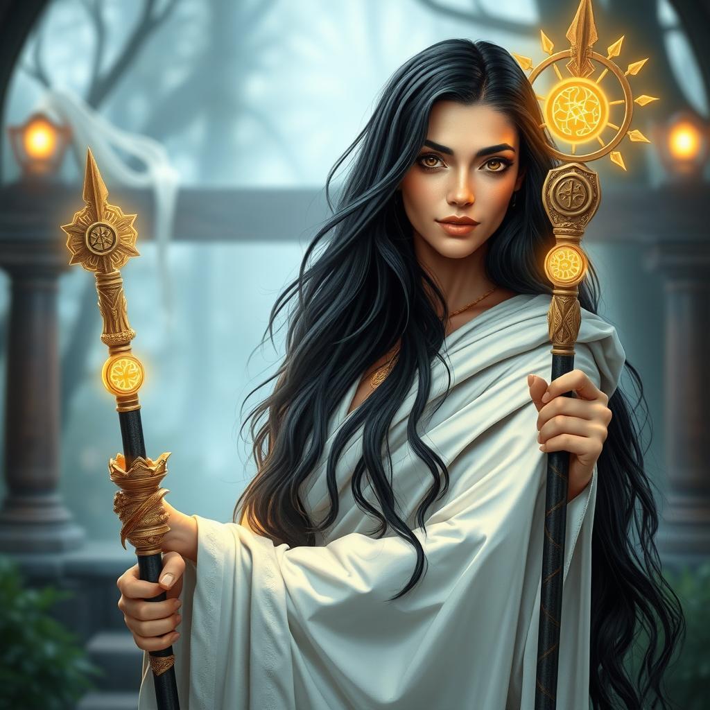 A human middle-aged woman priestess with long flowing black hair, draped in a beautifully crafted white cloak that adds an air of elegance and mystique to her appearance