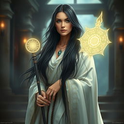 A human middle-aged woman priestess with long flowing black hair, draped in a beautifully crafted white cloak that adds an air of elegance and mystique to her appearance