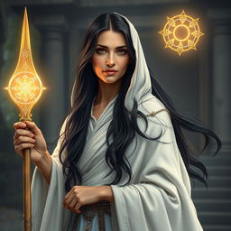A human middle-aged woman priestess with long flowing black hair, draped in a beautifully crafted white cloak that adds an air of elegance and mystique to her appearance
