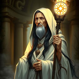 A human old woman priestess with long, flowing black hair that exudes wisdom and grace, enveloped in a beautifully detailed white cloak that signifies her spiritual status