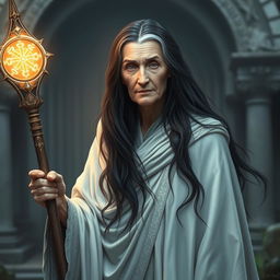 A human old woman priestess with long, flowing black hair that exudes wisdom and grace, enveloped in a beautifully detailed white cloak that signifies her spiritual status