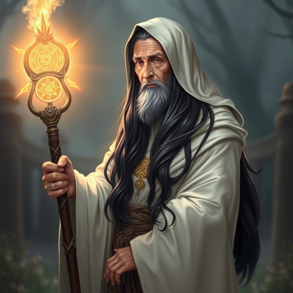 A human old woman priestess with long, flowing black hair that exudes wisdom and grace, enveloped in a beautifully detailed white cloak that signifies her spiritual status