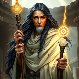 A human old woman priestess with long, flowing black hair that exudes wisdom and grace, enveloped in a beautifully detailed white cloak that signifies her spiritual status