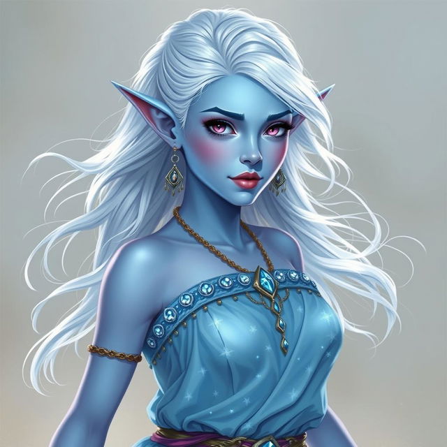 In the style of D&D character art, Maeve is illustrated as a mesmerizing figure with vibrant light blue skin and elegantly pointed elven ears