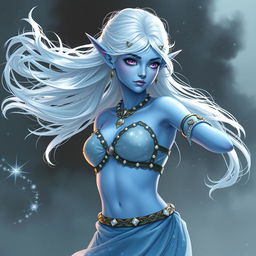 In the style of D&D character art, Maeve is illustrated as a mesmerizing figure with vibrant light blue skin and elegantly pointed elven ears