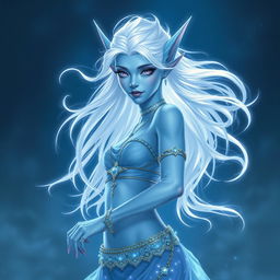 In the style of D&D character art, Maeve is illustrated as a mesmerizing figure with vibrant light blue skin and elegantly pointed elven ears