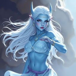 In the style of D&D character art, Maeve is illustrated as a mesmerizing figure with vibrant light blue skin and elegantly pointed elven ears