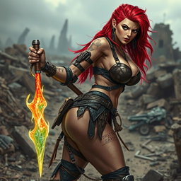 A fierce mixed female raider with vibrant red hair, clad in mismatched leather and metal scraps that highlight her curvaceous body, featuring huge breasts and a voluptuous backside
