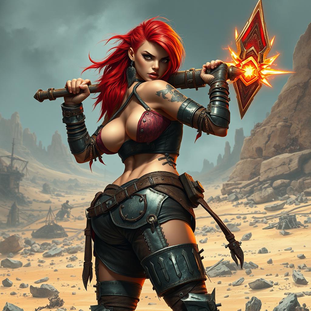 A fierce mixed female raider with vibrant red hair, clad in mismatched leather and metal scraps that highlight her curvaceous body, featuring huge breasts and a voluptuous backside