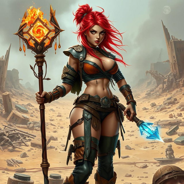 A fierce mixed female raider with vibrant red hair, clad in mismatched leather and metal scraps that highlight her curvaceous body, featuring huge breasts and a voluptuous backside