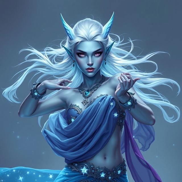 In the style of D&D character art, Maeve is depicted as a mesmerizing and striking figure with vibrant light blue skin and elegantly pointed elven ears