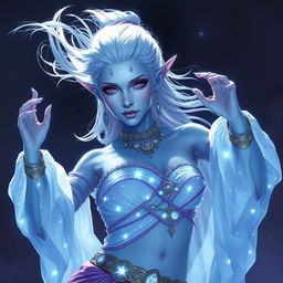 In the style of D&D character art, Maeve is depicted as a mesmerizing and striking figure with vibrant light blue skin and elegantly pointed elven ears