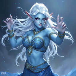 In the style of D&D character art, Maeve is depicted as a mesmerizing and striking figure with vibrant light blue skin and elegantly pointed elven ears