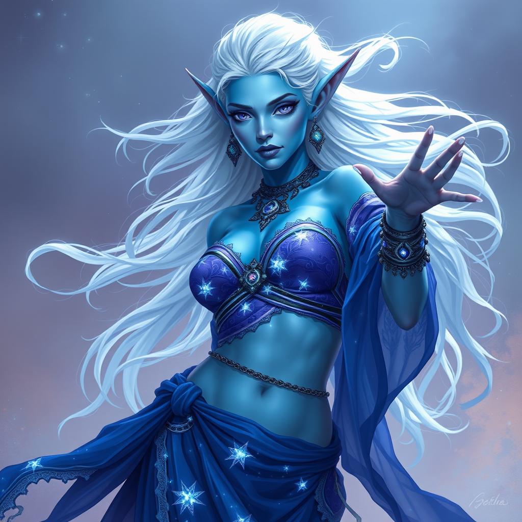 In the style of D&D character art, Maeve is depicted as a mesmerizing and striking figure with vibrant light blue skin and elegantly pointed elven ears