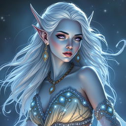 In the style of D&D character art, Maeve is portrayed as a captivating and striking figure with radiant light blue skin and elegantly pointed elven ears