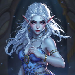 In the style of D&D character art, Maeve is portrayed as a captivating and striking figure with radiant light blue skin and elegantly pointed elven ears