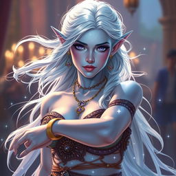 In the style of D&D character art, Maeve is portrayed as a captivating and striking figure with radiant light blue skin and elegantly pointed elven ears