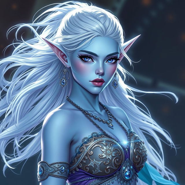 In the style of D&D character art, Maeve is portrayed as a captivating and striking figure with radiant light blue skin and elegantly pointed elven ears