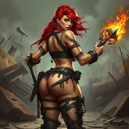 A dynamic mixed female raider with striking red hair, fully armed and adorned in mismatched leather and metal scraps that accentuate her curvaceous body, featuring huge breasts and a well-defined, voluptuous backside