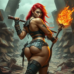 A dynamic mixed female raider with striking red hair, fully armed and adorned in mismatched leather and metal scraps that accentuate her curvaceous body, featuring huge breasts and a well-defined, voluptuous backside