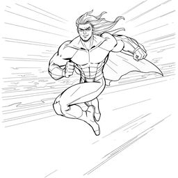 A detailed line art drawing of a dynamic speedster in action, showcasing a muscular character in a sleek, aerodynamic superhero costume with flowing lines to illustrate motion and speed