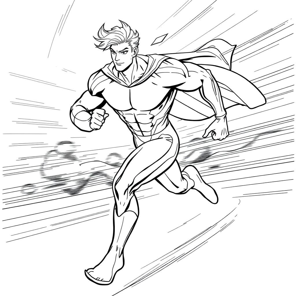 A detailed line art drawing of a dynamic speedster in action, showcasing a muscular character in a sleek, aerodynamic superhero costume with flowing lines to illustrate motion and speed