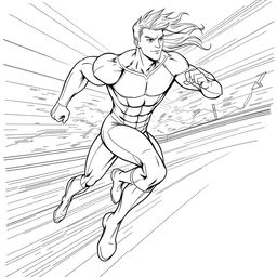 A detailed line art drawing of a dynamic speedster in action, showcasing a muscular character in a sleek, aerodynamic superhero costume with flowing lines to illustrate motion and speed
