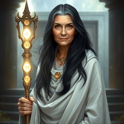 A human old woman priestess with long flowing black hair that cascades gracefully down her shoulders, wrapped in an elegant white cloak symbolizing her spiritual authority