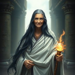 A human old woman priestess with long flowing black hair that cascades gracefully down her shoulders, wrapped in an elegant white cloak symbolizing her spiritual authority