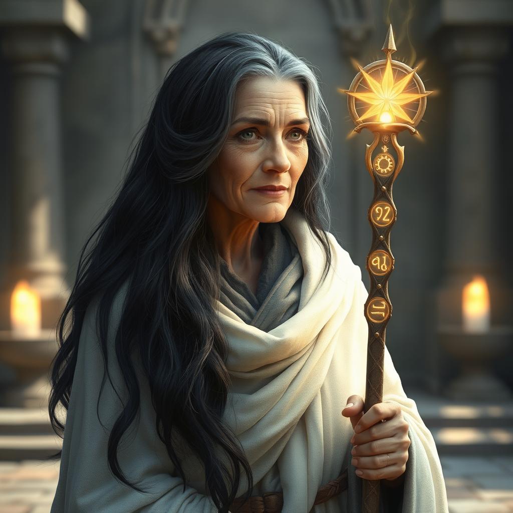 A human old woman priestess with long flowing black hair that cascades gracefully down her shoulders, wrapped in an elegant white cloak symbolizing her spiritual authority