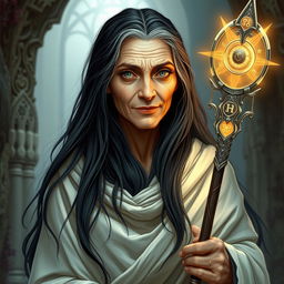 A human old woman priestess with long flowing black hair that cascades gracefully down her shoulders, wrapped in an elegant white cloak symbolizing her spiritual authority
