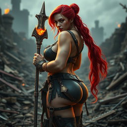 A fierce mixed female raider with vibrant red hair, standing sideways to showcase her powerful silhouette