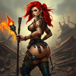 A fierce mixed female raider with vibrant red hair, standing sideways to showcase her powerful silhouette