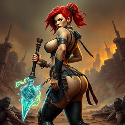 A fierce mixed female raider with vibrant red hair, standing sideways to showcase her powerful silhouette