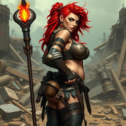 A fierce mixed female raider with vibrant red hair, standing sideways to showcase her powerful silhouette
