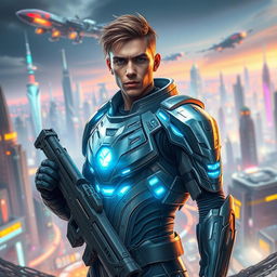 A futuristic man equipped with high-tech armor, standing confidently in a sci-fi landscape filled with advanced technology and futuristic architecture