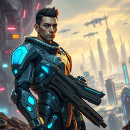 A futuristic man equipped with high-tech armor, standing confidently in a sci-fi landscape filled with advanced technology and futuristic architecture