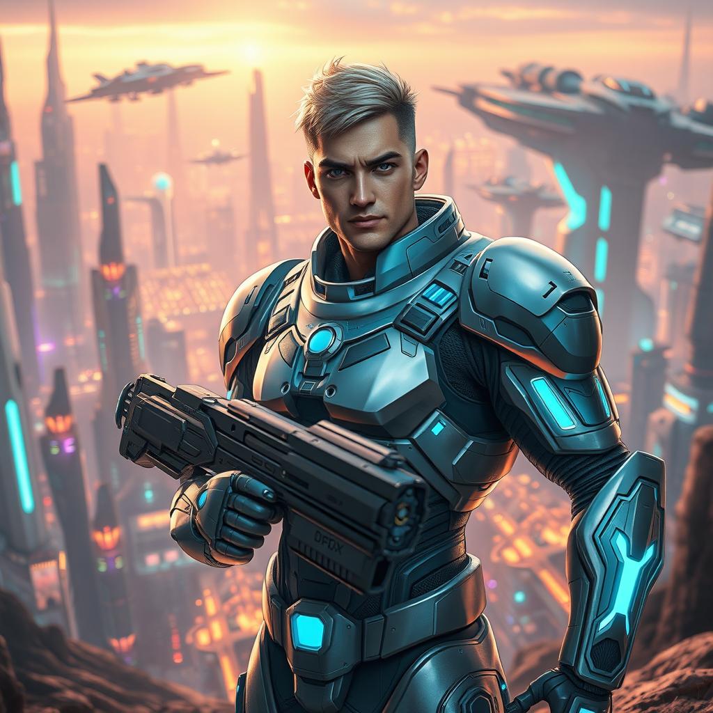 A futuristic man equipped with high-tech armor, standing confidently in a sci-fi landscape filled with advanced technology and futuristic architecture