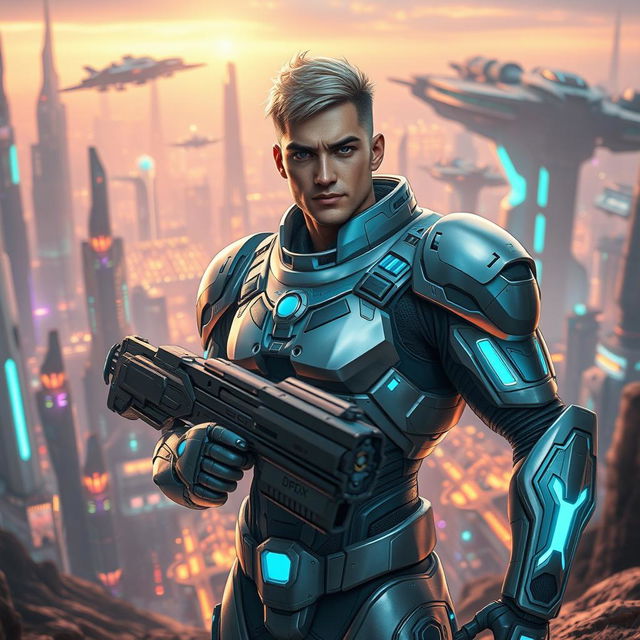 A futuristic man equipped with high-tech armor, standing confidently in a sci-fi landscape filled with advanced technology and futuristic architecture