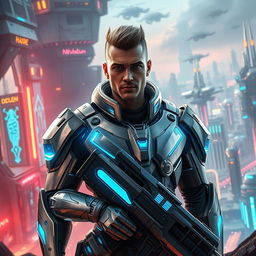 A futuristic man equipped with high-tech armor, standing confidently in a sci-fi landscape filled with advanced technology and futuristic architecture